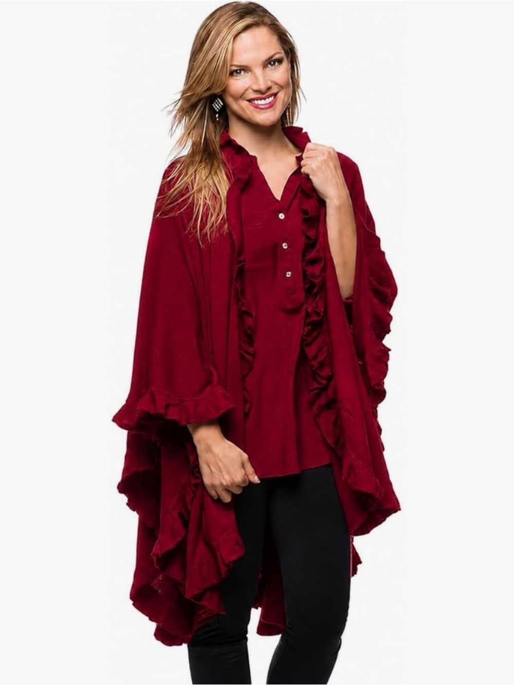 Ruffled Open-Front Poncho in Deep Wine Red